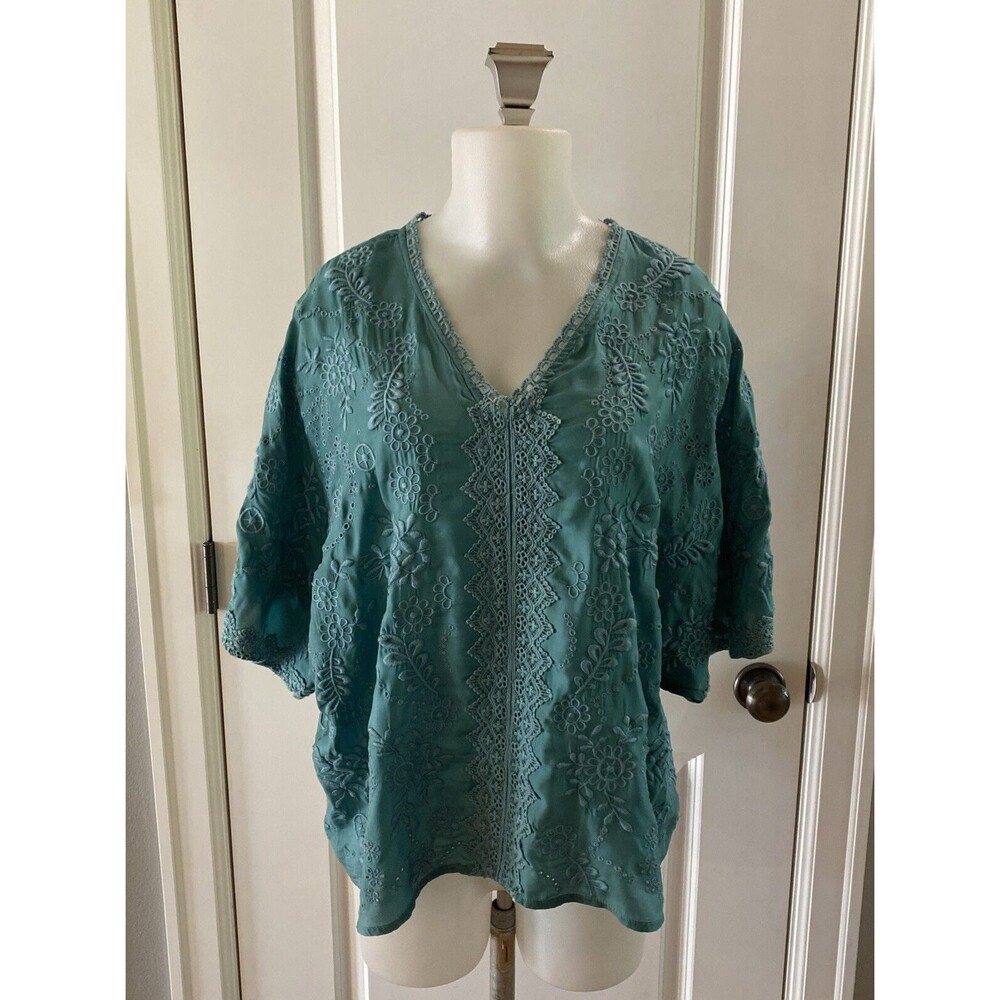 SUNDANCE CATALOG Teal Embroidered V-Neck‎ Short Sleeve To - Size XS